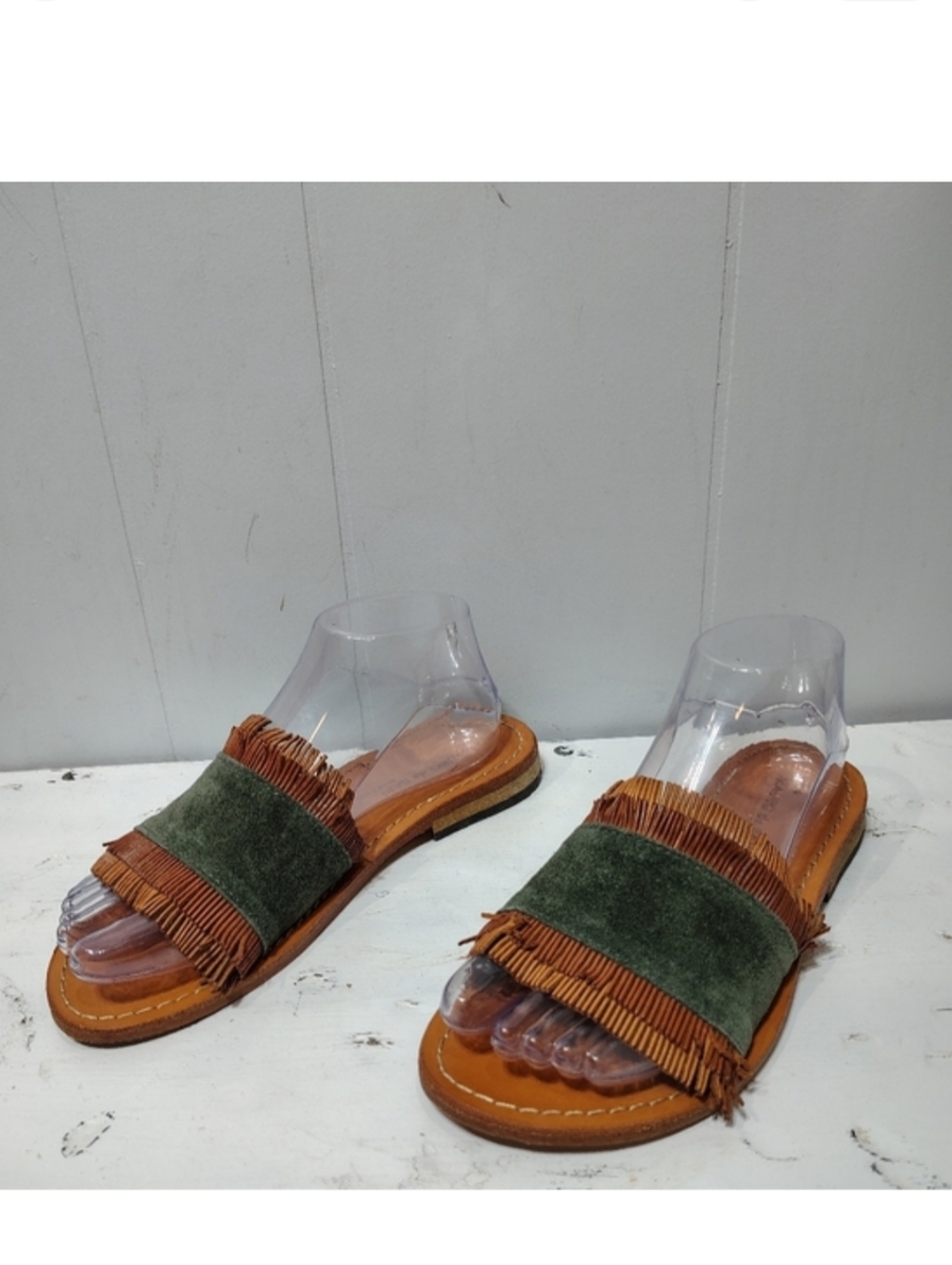 Mauro de Bari Leather Boho‎ Fringe Slide Sandals Tan Green 37 Made In Italy